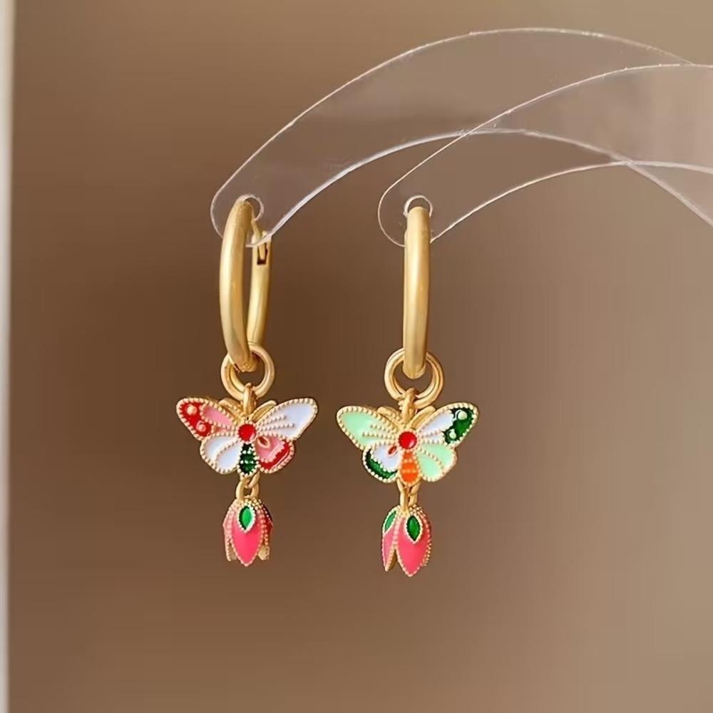 Gold Butterfly Tulip Enamel Hoop Earrings Mismatched Floral Dangle Huggies
